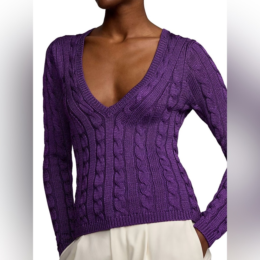 Ralph Lauren Cable-knit Silk V-neck Sweater